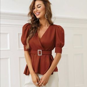 NWOT Puff Sleeve Belted Peplum Blouse